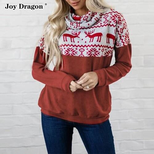 Women Christmas Print Long Sleeve T Shirt High Piles Collar Pullover Sweater New Autumn Winter Casual Plus Tops Blouses Clothing