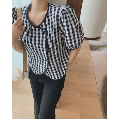 2021 Women Plaid White Black Checkered Short Sleeve Shirt Blouse Crop Top Za Woman Clothes Korean Style Summer Urban Jackets