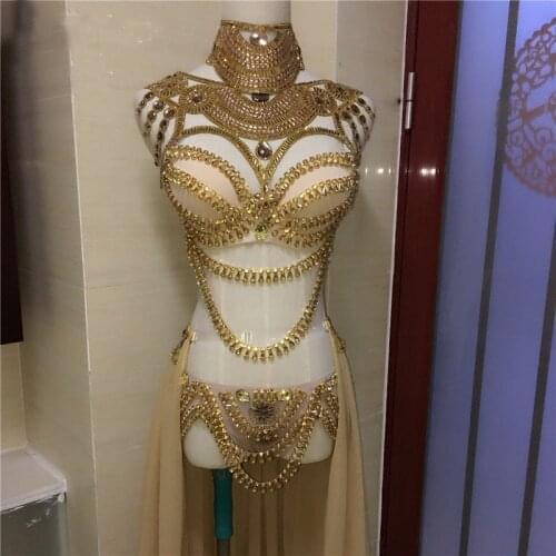 Womens party fashion model sexy deluxe towed rhinestone club, belly dance stage costumes