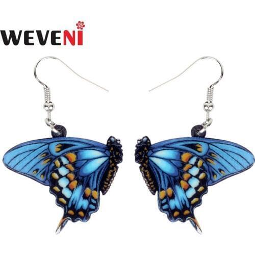 WEVENI Acrylic Floral Blue Danaidae Butterfly Earrings Big Dangle Drop Symmetric Insect Jewelry For Women Girls Ladies Gift Bulk
