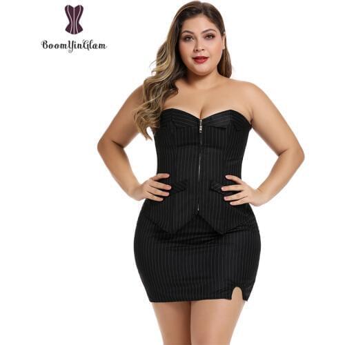 Office Style Women Basques Bustier Stripes Overbust Corsets Top With Skirt Lace Up Boned Corset Dress Plus Size 801