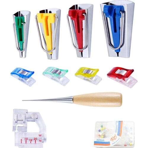 60pcs Sewing Patchwork Tool Cloth Bias Binding Tape Maker Wooden Awl Clips Kit for Electric Sewing Machine Accessories