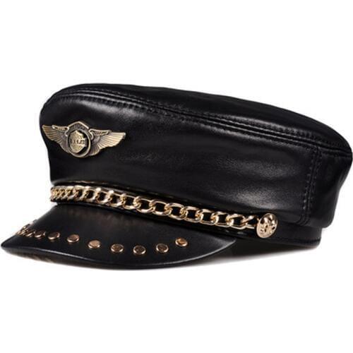 Spring Unisex Genuine Leather Flat Top Baseball Caps For Men Women Hat Punk Rock Rivet Golden Chain Casquette Army Navy Caps Fit