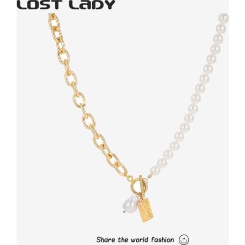 Lost Lady Punk Gothic Half Pearl and Half Metal Chain Shaped Pendant Retro Court Choker Necklace Fashion Jewelry for Women