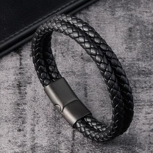 LAMEMDEE Stainless Steel Charm Magnetic Black Men Bracelet Leather Genuine Braided Punk Rock Bangles Jewelry Accessories Friend