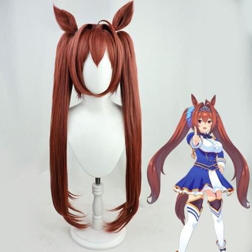 New Umamusume: Pretty Derby Daiwa Scarlet Cosplay Wig Long Brown Red Wig with Bangs Ponytail Ears Halloween Synthetic Hair
