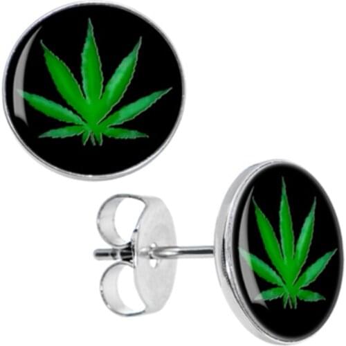 Wholesale Stud Earrings Black Green Ganga Leaf Stainless Steel Ear Studs Cheater Fashion Jewelry 8mm 10mm AW5032