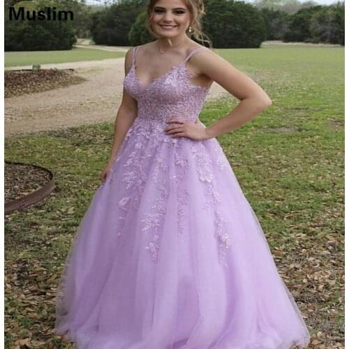 Spaghetti Straps Lilac Prom Dresses With Lace Sexy V Neck Floor Length Tulle Backless Formal Dress Plus Size Long Evening Dress