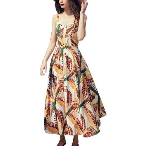 Summer Sexy Long Dress Woman Vintage Bohemia A Line Strap Dresses Ladies Slim Print High Waist Loose Elegant Boho Beach Dress
