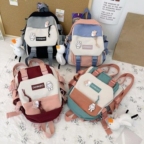 Preppy Style Women Cartoon Print Backpack Contrast Color Girls Students School Bag with Pendant Female Multi-Pockets Travel Bag