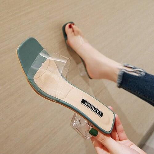 Clear Summer Sandals Women Shoes Women Mules Slides Peep Toe Transparent Square High Heels Female Shoe Casual Square Heel