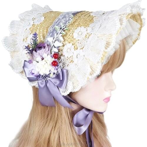 Handmade Lolita Pastoral Bonnet Straw Hat Sweet Ruffled Lace Trimming Ribbon Elegant Tea Party Floral Cosplay J25 21 Dropship