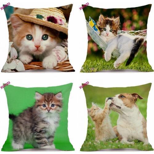 XUNYU Cute Pet Cat Cushion Cover 45x45cm Animal Pillow Case Linen Pillowcase Home Decorative Throw Pillow Cover for Sofa BT010