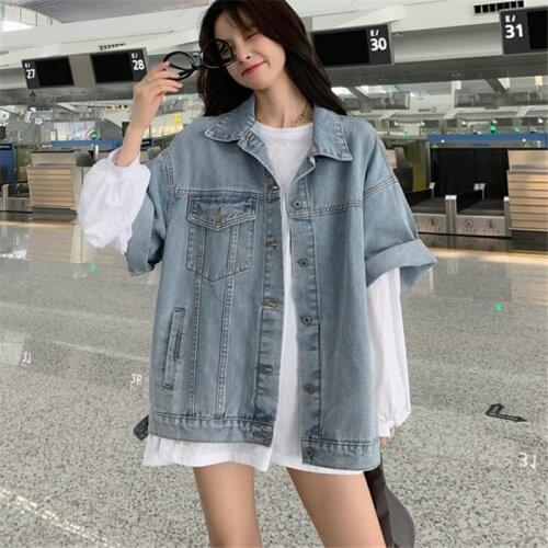 2021 Spring Fashion New Style Loose Large Size Lapel Single-Breasted Half-Sleeved Bf Wind Denim Jacket Top Women Trendy H137