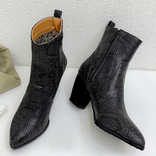 Plus Size 46 Fashion Snake Print Ankle Boots For Women Casual Square High Heels Motorcycle Boots Autumn Winter Shoes Ladies