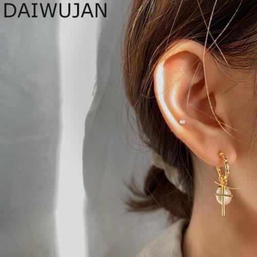 DAIWUJAN 925 Sterling Silver Cross Dangle Earrings For Women INS French Handmade Pearl Pendant Earrings Party Wedding Jewelry