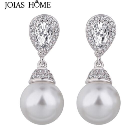 JoiasHome Silver 925 Drop Earrings For Woman With 10mm Round Shape Pear Zircon Elegant Lady Fine Jewelry Wedding Party Gift