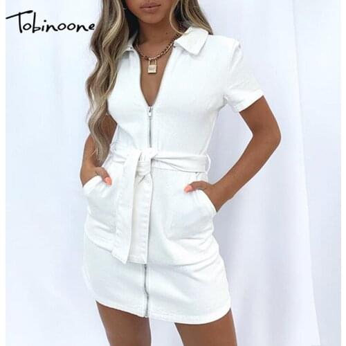 Tobinoone Sashes Sexy Party Dress Women V Neck Short Sleeve Mini Dress Zipper 2020 Spring Summer Casual Ladies Club Dresses