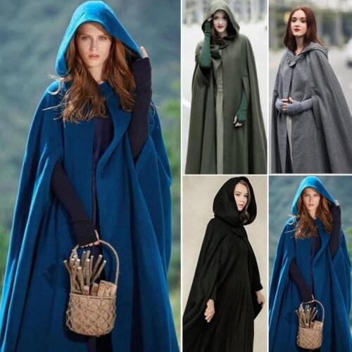 Women Vintage Thick Hooded Solid Floor-Length Medieval Long Cape Overcoats Female Autumn Winter Single Button Cloak Designer