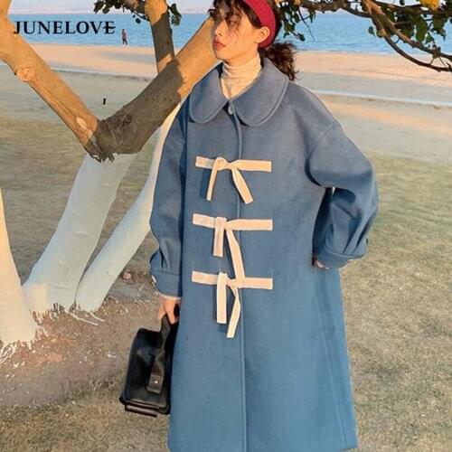 JuneLove Peter Pan Collar Single Breasted Belt Long Jackets Wool Blends Women Elegant Leisure Vintage Tender Sweet Lady Coats