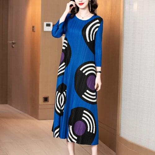 2021 Miyake Pleated Fashion Summer New Dress Printed Casual Vestidos Ladies In Two Colors Available In Grey And Blue