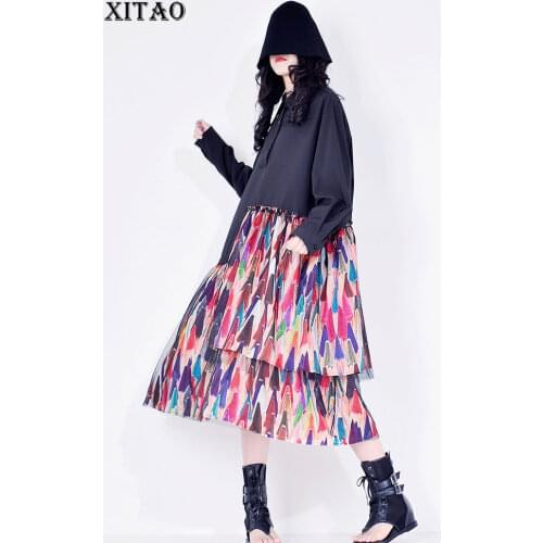 XITAO Striped Patchwork Draped Mesh Dress Women 2020 Summer Tide Fashion New Style Turn Down Collar Long Sleeve Elegant WQR1929