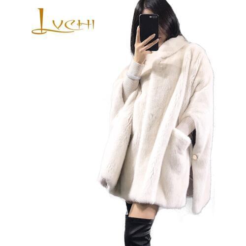 LVCHI Winter 2019 Import Mink Fur Coat Womens Mandarin Collar Pockets Three Quarter Batwing Sleeve Loss Cloak Mink Fur Coats