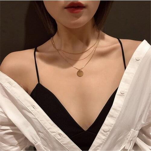 Gold Color Multilayer Chain Coin Pendant Necklace For Women Simple Design Alloy Choker Necklaces Fashion Jewelry A483