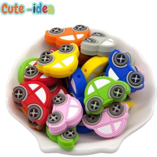 Cute-idea 10pcs Mini Car Silicone Beads Baby Cartoon Teether For DIY Infant Soothing Pacifier Nursing Bracelet Toys Accessory