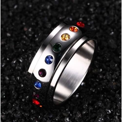 2021 LGBT Fashion Titanium Steel Material Rainbow Inlaid Color Zircon Rotating Temperament And Charm Ring Suitable For Lovers