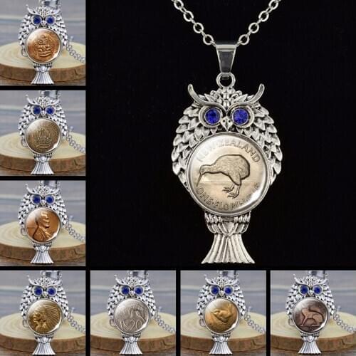 American British Coin Necklace New Zealand UK US Irish Coin Image Necklace Glass Cabochon Owl Pendant Necklace Jewelry Gift