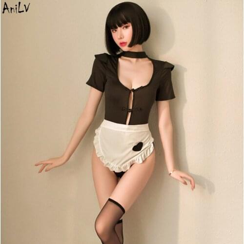 AniLV Coffee Bar Cook Girl Maid Uniform Temptation Bodysuit Lingerie Costume Black Cross straps Underwear Pajamas Clothes