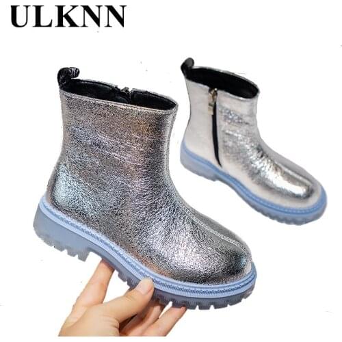 Martin Boots For Girls Winter 2021 New Single Silver Flat Boots Children Students Short Boots Baby Black Shoes Fashion Antiskid