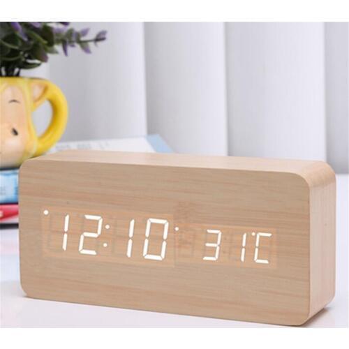 Modern Digital LED Alarm Clock Sound Control Wooden Despertador Desktop Clock Humidity Temperature Display