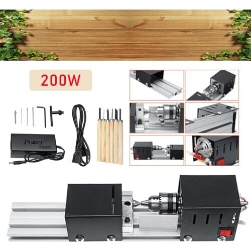 DC12-24V 200W CNC Mini Lathe Beads Machine Woodwork DIY Lathe Standard Set with Power Carving Cutter Wood Lathe+ 6 Carving Blade