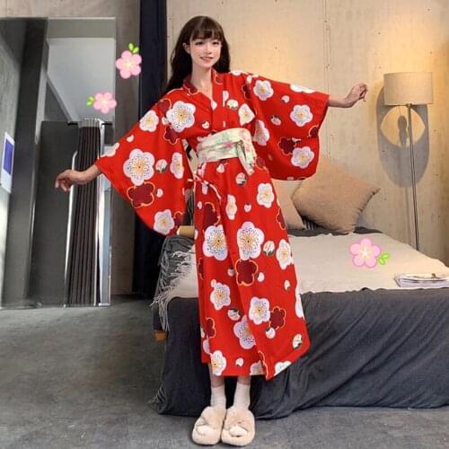 Japanese Style Kimono Skirt for Women Sleepwear for Ladies Girls Red Floral Kimono Yukata Long Robe Loose Sexy Pajamas Homewear