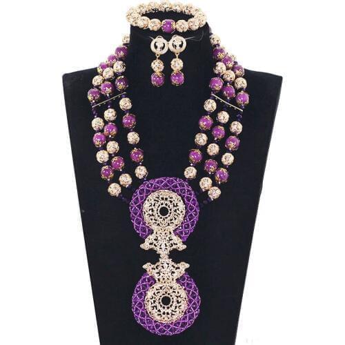 Chunky Bib Necklace Set Purple Bead African Wedding Jewelry Sets Dubai Gold Traditional Nigerian Wedding Beads Gift ABH557