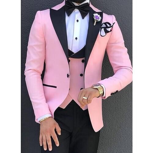 Pink Suit Mens 3 Pieces Casual Business Groomsmen Green Champagne Lapel Tuxedos For Formal Wedding (Blazer+Pants+Vest)
