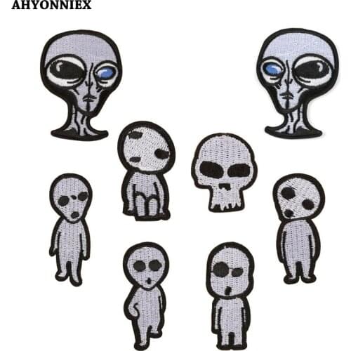 AHYONNIEX 10 PCS Embroidery Black and white skull patches Alien cloth stickers Jacket Jeans Iron On patch For hats accessories