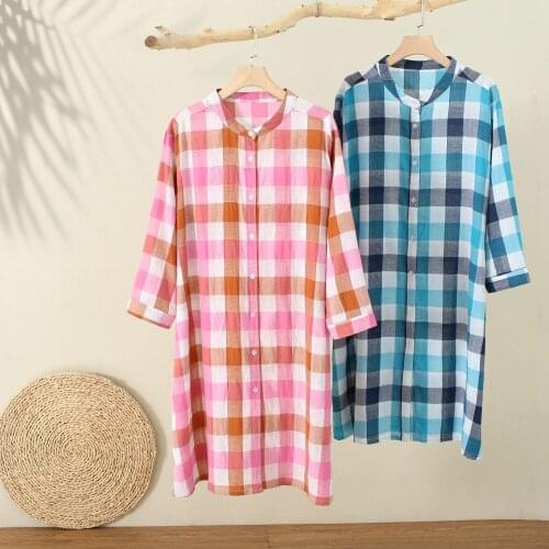 Spring Cotton Plaid Shirt Nightdress Long Loose Nightgowns Yarn-dyed Gauze Long Sleeve Ladies Sleepshirts Sexy Vintage Sleepwear