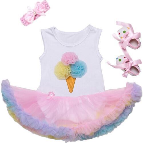 Baby Girl 1st Birthday Outfits Summer Sleeveless Clothing Sets Romper Dress Shoes Headband 3pcs Toddler Tutu Sets Girls Clothes