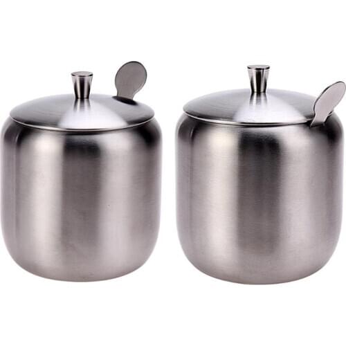 Stainless Steel Coffee Sugar Bowl Sugar Pot With Spoon Cup Cover Condiment Pot Spice Container Canister Wedding Favors