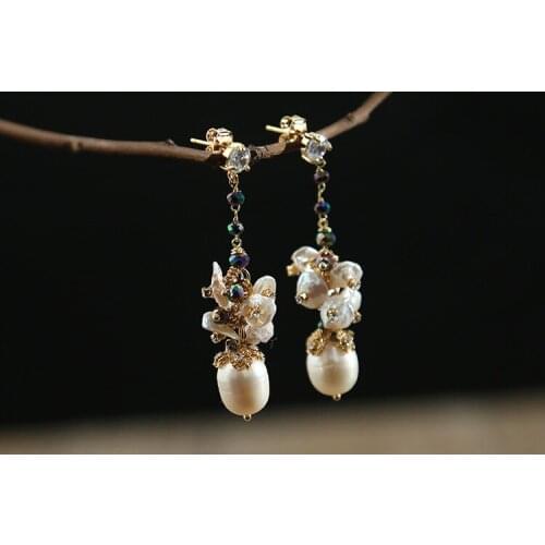 Seiko handmade pearl earrings female diamond earrings S925 silver shaped pearl earrings long
