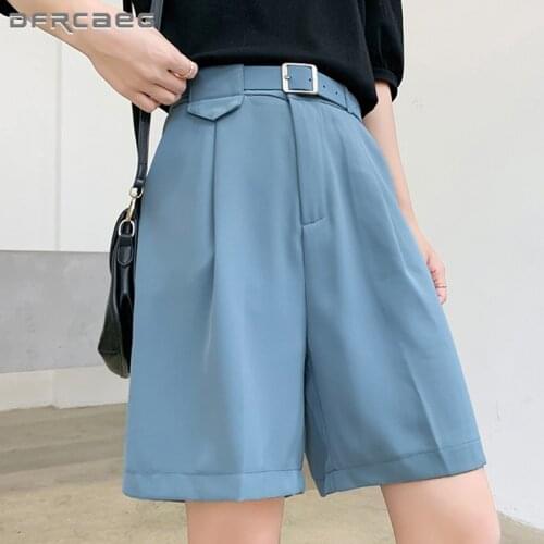 White Loose Summer Bermuda Shorts For Woman 2021 Casual High Waist Wide Leg Suit Short Korean Straight Half Trousers With Belt