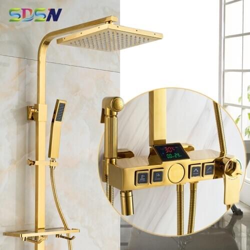 Bathroom Shower System SDSN Gold Thermostatic Shower Mixer Set Square Rain Shower Head Luxury Digital Bathroom Shower Mixer Set