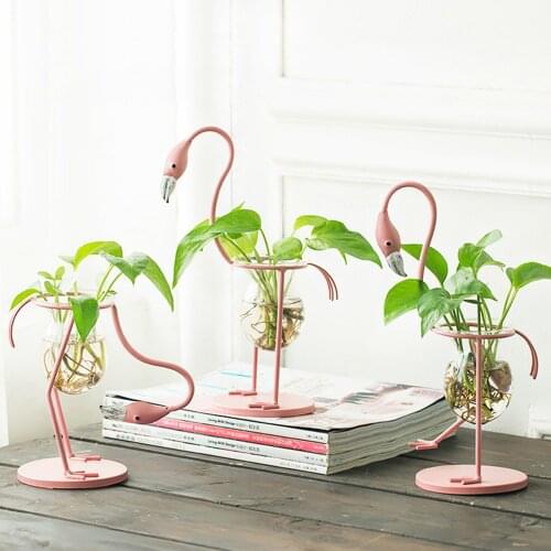 Nordic Creative Vase Home Decor Flamingo Hydroponic Plant Holder Vase Wrought Iron Glass Container Flowers Ornament