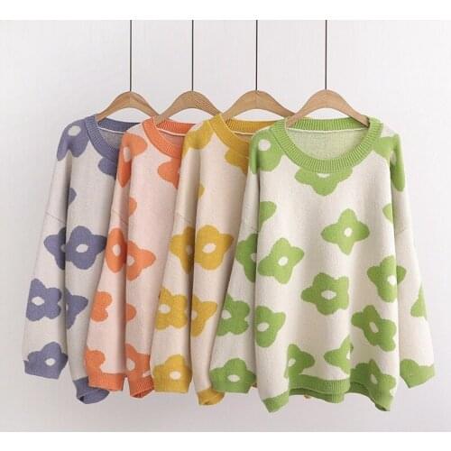 Urifens Lazy Wind Big Flower Knitted Round Neck Sweater Women Loose Mid-length Warm Long-sleeved Sweater Pullover Female LBJ1998