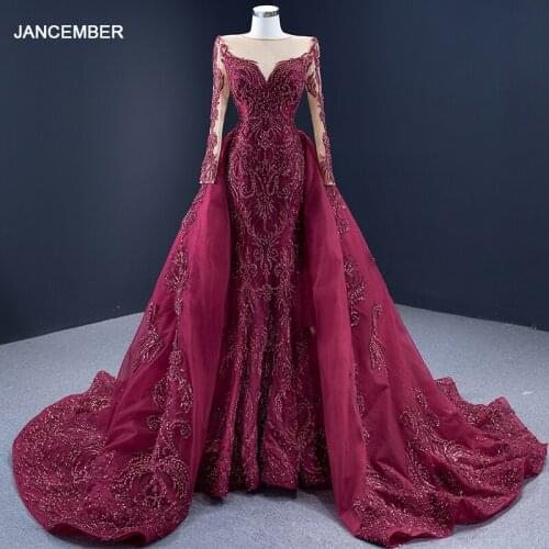 J67250 JANCEMBER Wine Red Luxury Elegant Atmosphere Banquet Event Evening Dress Applique Print Pattern Tight Fishtail Skirt