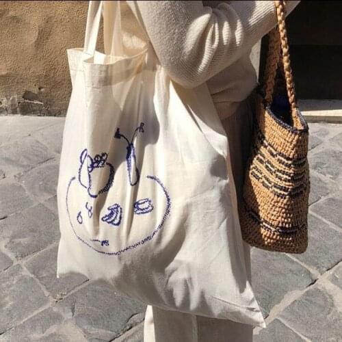 Women Simple Canvas Shopper Bag Thin Cotton Shoulder Tote Bag Casual Printed Shoulder Bag Eco Shopping Bag Korean Ins Handbag