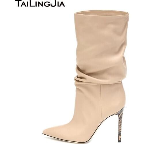 Tailingjia Trendy Female Autumn Shoes Big Size Women Pointed Toe Booties Gold Silver Ladies High Heel Mid-Calf Boots